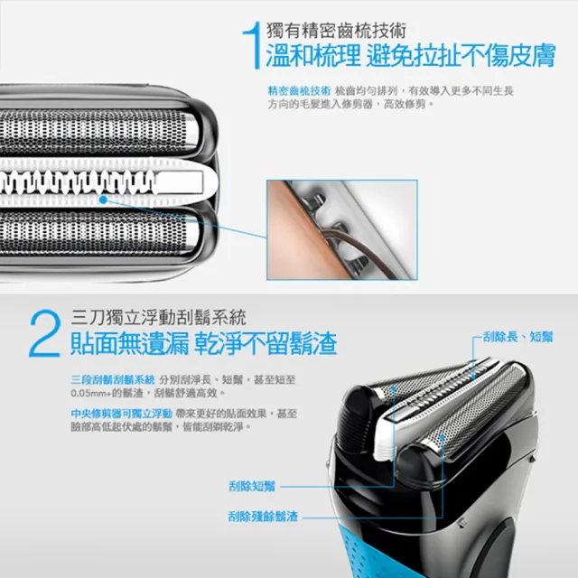 【BRAUN 百靈】三鋒系列電動刮鬍刀/電鬍刀-藍 乾濕兩用(3010s)
