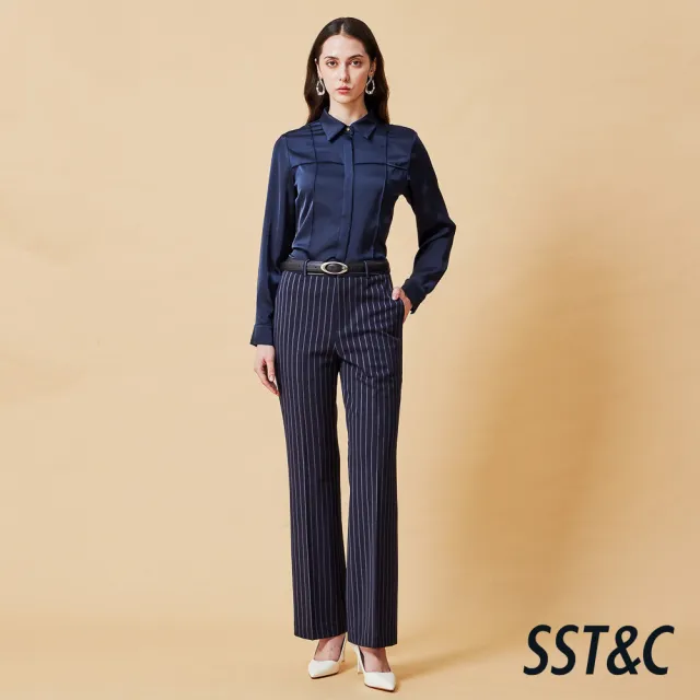 【SST&C】女裝 可機洗_針織藏青條紋西裝褲-825212020311(換季65折)