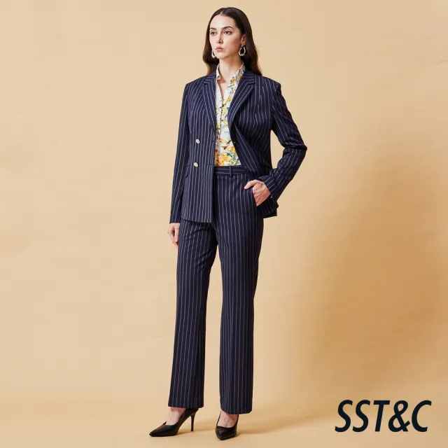 【SST&C】女裝 可機洗_針織藏青條紋西裝褲-825212020311(換季65折)