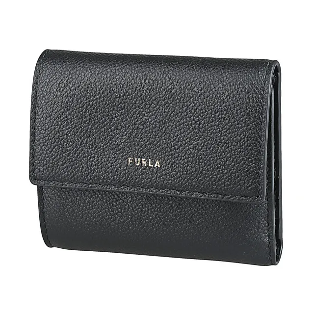 【FURLA 芙拉】FURLA Goccia燙金字LOGO小牛皮6卡壓釦式三折短夾(中/黑)