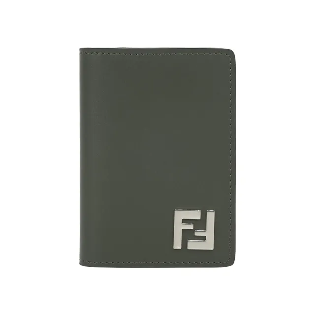 【FENDI 芬迪】FF Logo 小牛皮及塗層帆布二折卡片夾/名片夾(軍綠色)