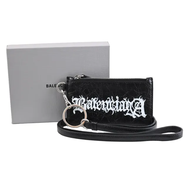 【Balenciaga 巴黎世家】歌德字母LOGO斜背頸掛牛皮信用卡證件零錢包(黑)
