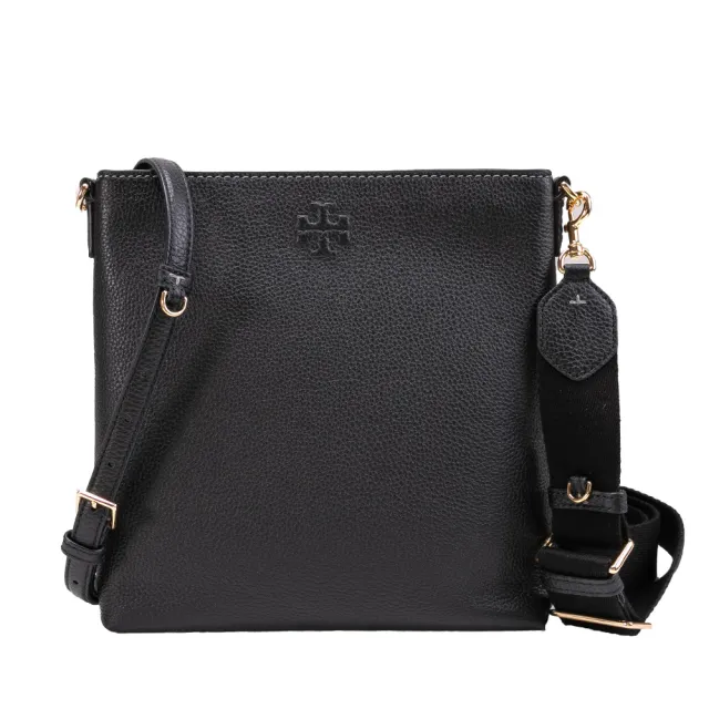 【TORY BURCH】Thea荔枝皮革浮雕LOGO拉鍊斜背文件袋(黑色)