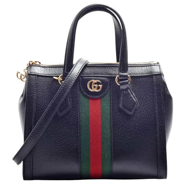【GUCCI 古馳】經典Ophidia系列綠紅綠織帶牛皮手提/斜背包(小-黑色719882-DJ2DG-1060)