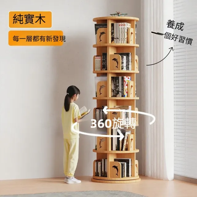 轉收納書架 書籍收納架 書架櫃 書櫃 落地繪本(50*50*195CM 超大容量/360°旋轉)