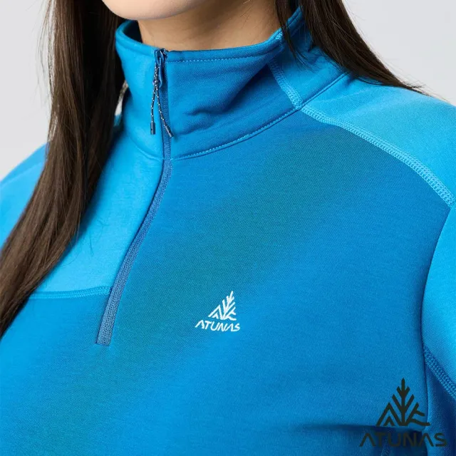 【ATUNAS 歐都納】女款POLARTEC THERMAL PRO保暖長袖立領拉鍊衫(A1PS2524W海藍/透氣快乾/戶外休閒/中層衣)