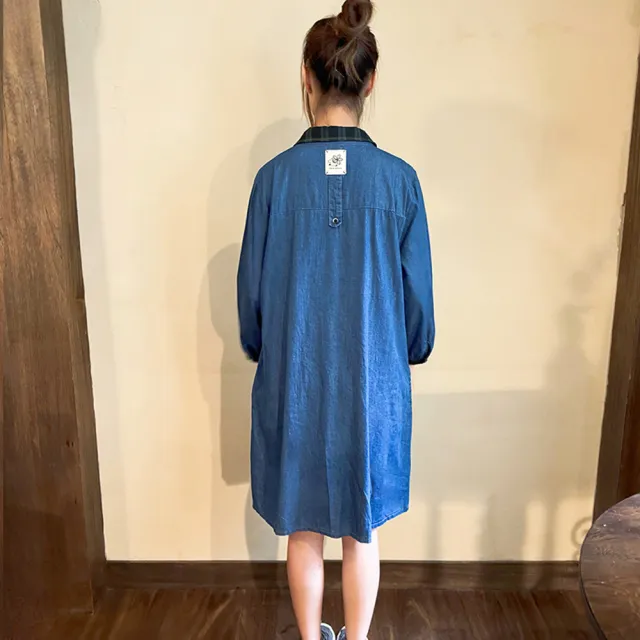 【Hana Mokuba】花木馬日系女裝襯衫式格紋拼接牛仔洋裝(洋裝)