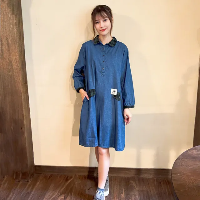 【Hana Mokuba】花木馬日系女裝襯衫式格紋拼接牛仔洋裝(洋裝)
