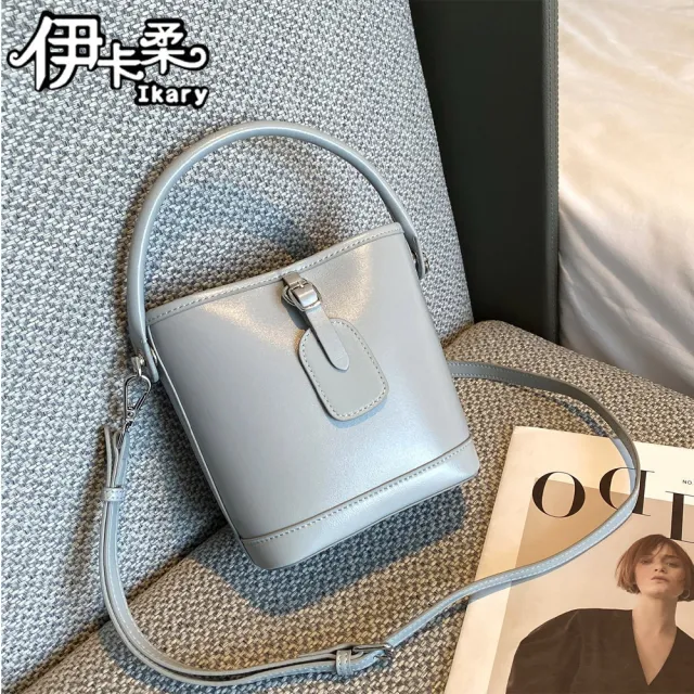 【Ikary 伊卡柔】雙11 復古真皮斜跨手提水桶包(5517)