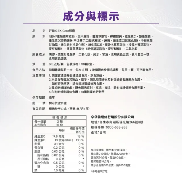 【好好聊日子】好能立EX Care 膠囊 3盒組(90粒/一天2粒 蛋殼膜500mg 足量添加 快27倍)
