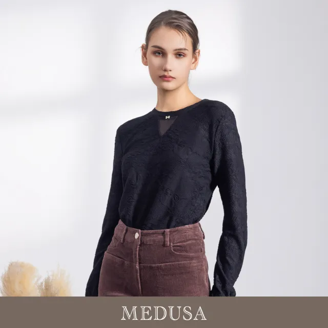 【MEDUSA 曼度莎】現貨-小V透膚雕花優雅長袖上衣（M-2L）｜女休閒上衣 氣質長袖 緹花(701-50801)