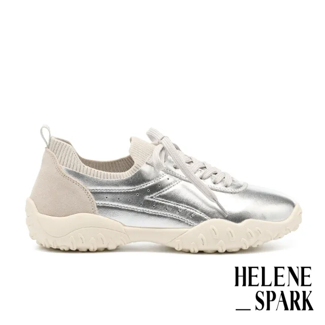【HELENE_SPARK】美式復古沖孔異材質綁帶厚底休閒鞋(銀)
