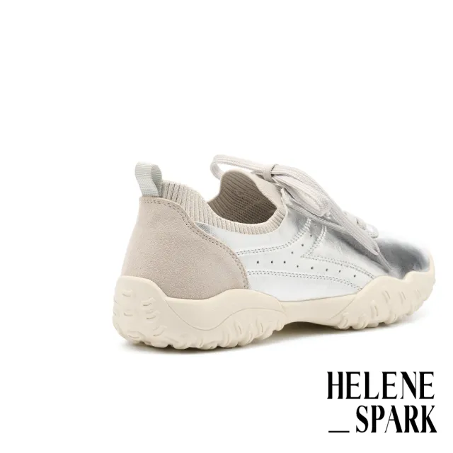 【HELENE_SPARK】美式復古沖孔異材質綁帶厚底休閒鞋(銀)