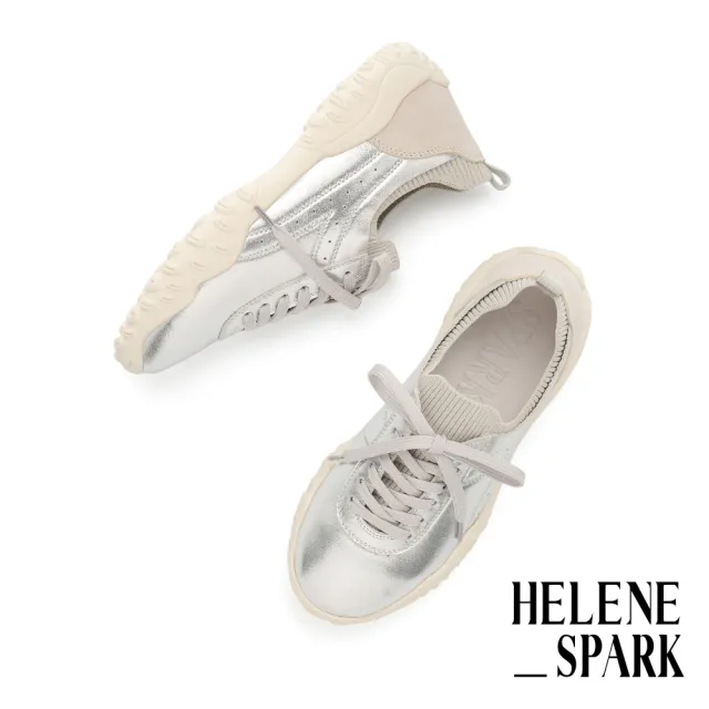 【HELENE_SPARK】美式復古沖孔異材質綁帶厚底休閒鞋(銀)