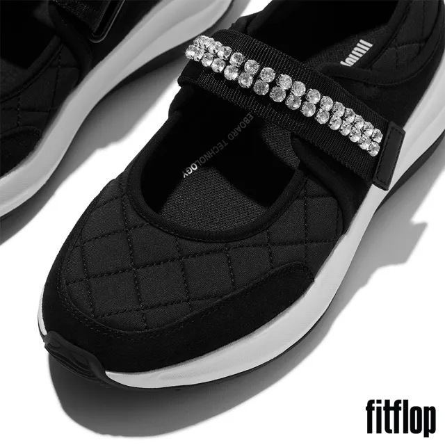 【FitFlop】F-MODE FLOW 水鑽飾帶菱格紋瑪麗珍鞋-女(黑色)