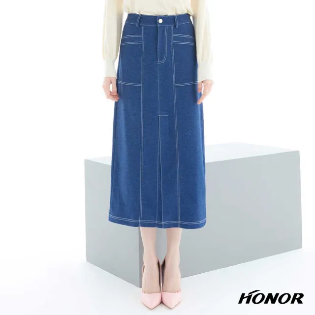 【HONOR 山形屋】出清品 簡約單釦車線修身牛仔長裙-黑/藍(限定出清)