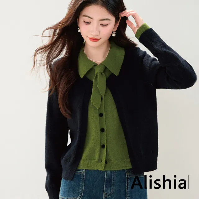 【Alishia】復古撞色假兩件翻領鈕扣長袖上衣 毛衣(黑色)