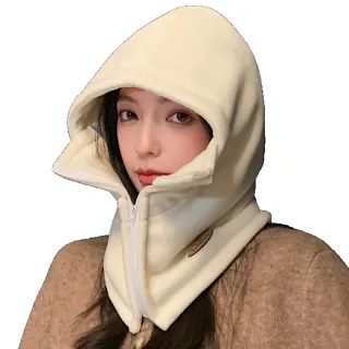 【89 zone】法式加厚加絨保暖兩用一體式 圍脖 護耳帽 毛線帽 針織帽 圍巾帽 雷峰帽(米白/黑/卡其)