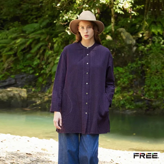 【FREE】free.INDIGO草木染圓領口袋長版襯衫(秋香/深紫)
