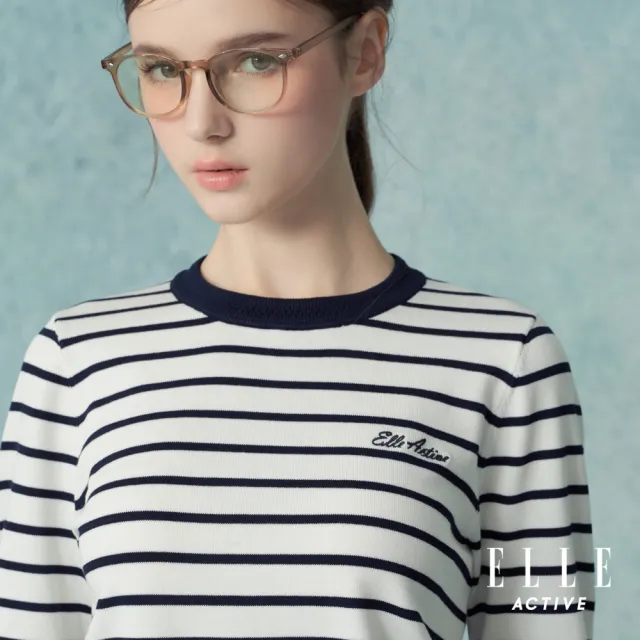 【ELLE ACTIVE】女款 法式條紋針織圓領長袖上衣-白色(EA25A1W5402-90)