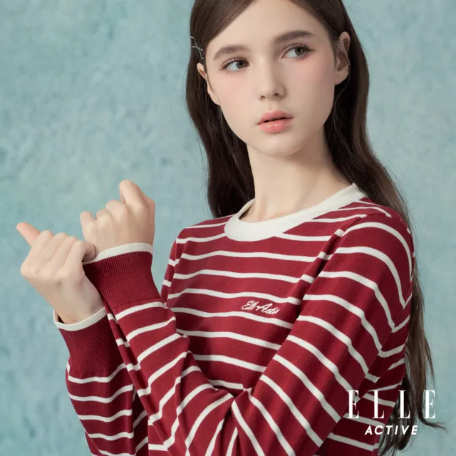 【ELLE ACTIVE】女款 法式條紋針織圓領長袖上衣-紅色(EA25A1W5402-75)