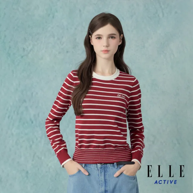 【ELLE ACTIVE】女款 法式條紋針織圓領長袖上衣-紅色(EA25A1W5402-75)