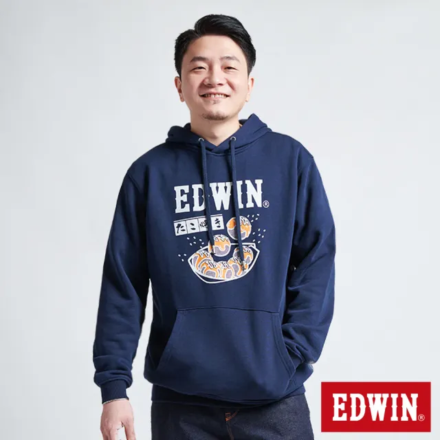 【EDWIN】男女裝 東京散策系列 章魚燒連帽長袖T恤(丈青色)