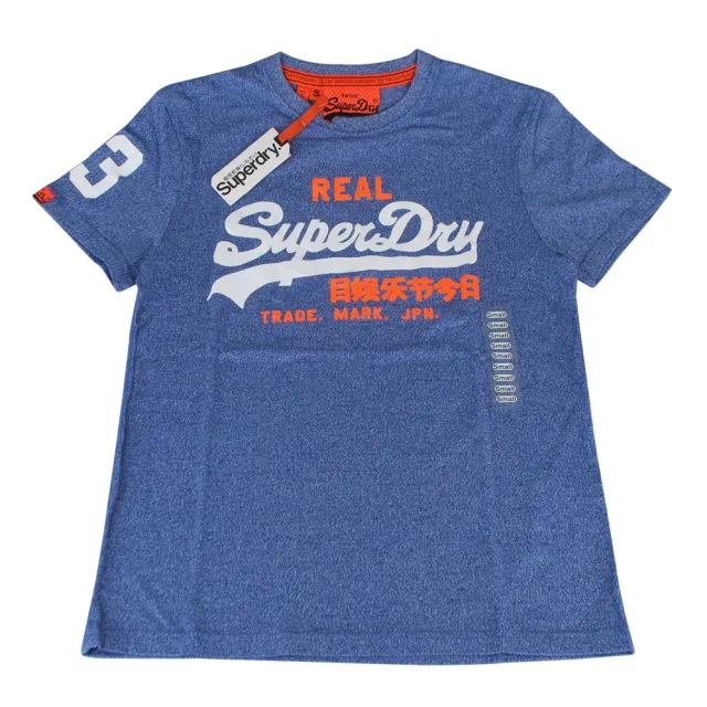 【Superdry】經典LOGO爆裂造型圓領夏季短袖T恤(白字/藍色)