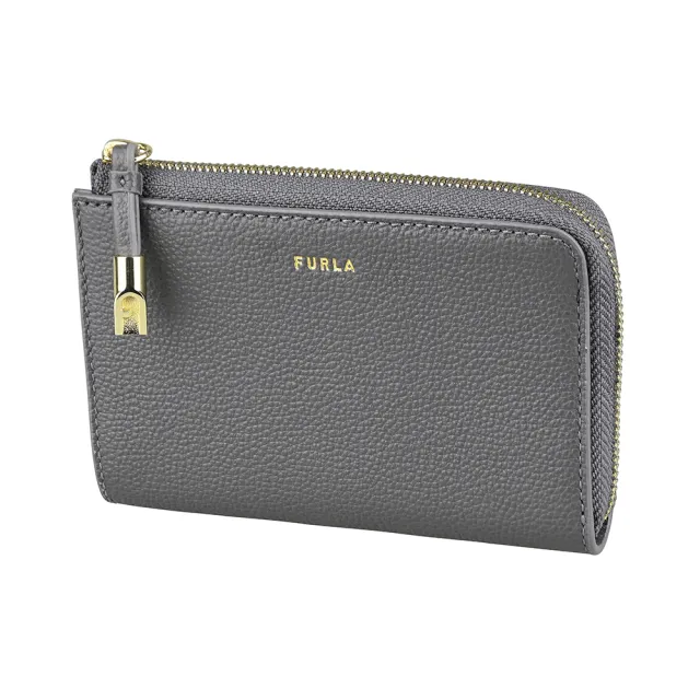 【FURLA 芙拉】FURLA Goccia燙金英文LOGO牛皮4卡拉鍊卡夾零錢包(中/深灰)