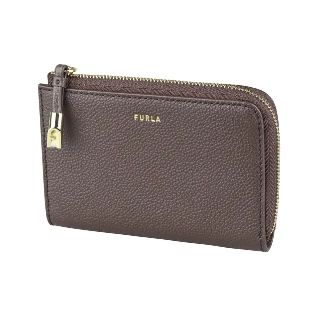 【FURLA 芙拉】FURLA Goccia燙金英文LOGO牛皮4卡拉鍊卡夾零錢包(中/咖啡棕)