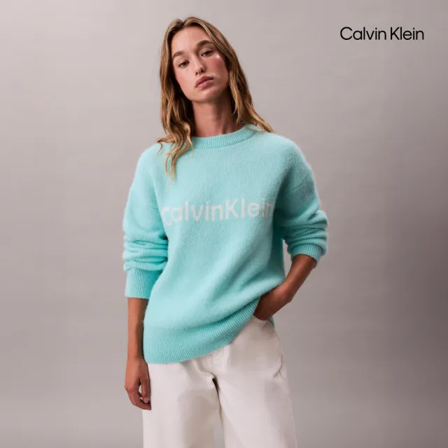 【CALVIN KLEIN】官方旗艦館CK 羊駝毛混紡標誌毛衣_藍色
