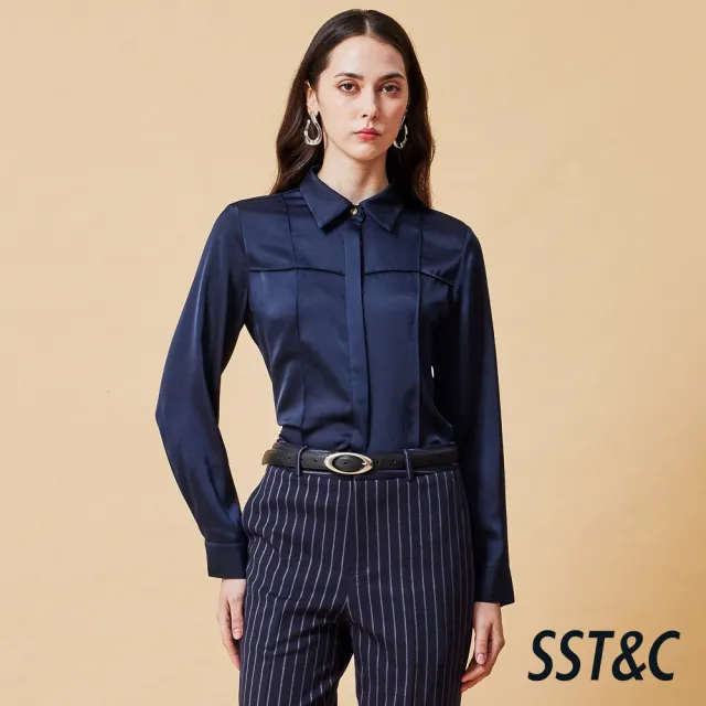 【SST&C】女裝 緞光立體車線長袖上著－深藍-825212061042(指定單品快閃價)