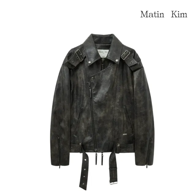 【MATIN KIM】官方旗艦 腰帶造型皮革騎士夾克 女款(炭灰)