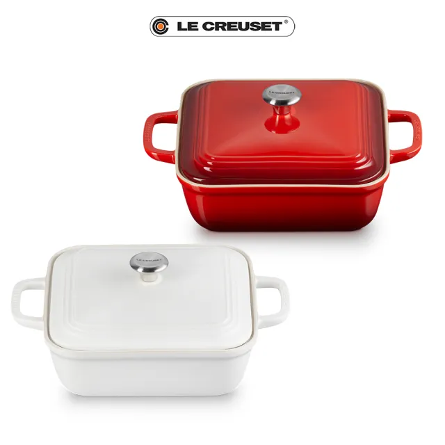 【Le Creuset】舊金山系列瓷器方形烤盤23cm附蓋(櫻桃紅/棉花白 2色選1)