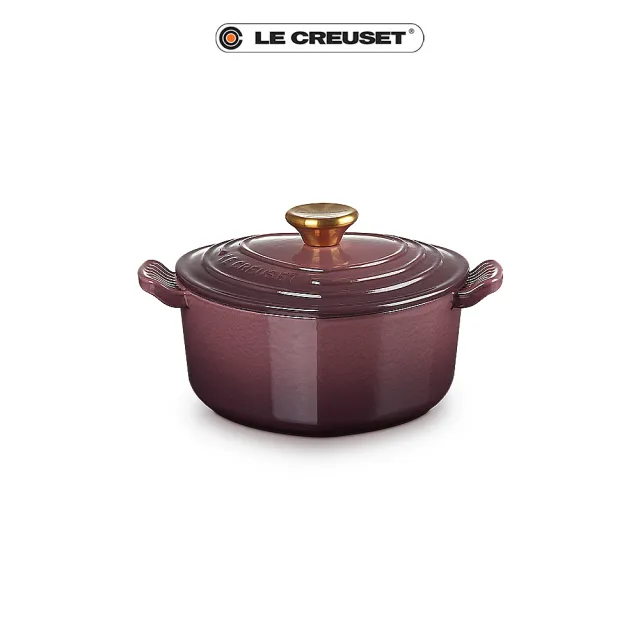 【Le Creuset】琺瑯鑄鐵鍋愛心鍋 20cm(無花果-金頭-內鍋黑)