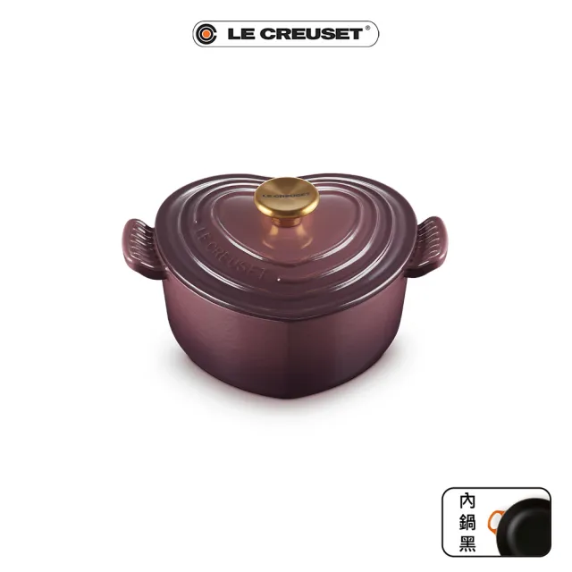 【Le Creuset】琺瑯鑄鐵鍋愛心鍋 20cm(無花果-金頭-內鍋黑)