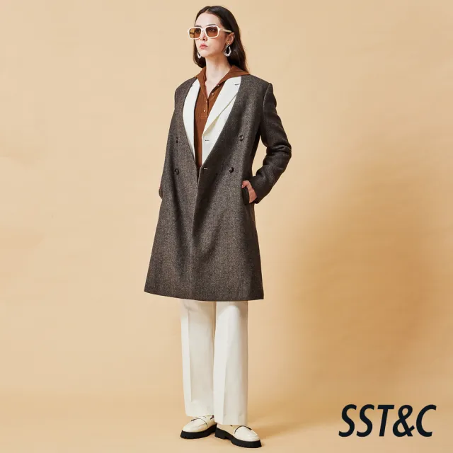 【SST&C】女裝 棕色人字呢雙排釦羊毛混紡大衣-825212090021(換季55折)