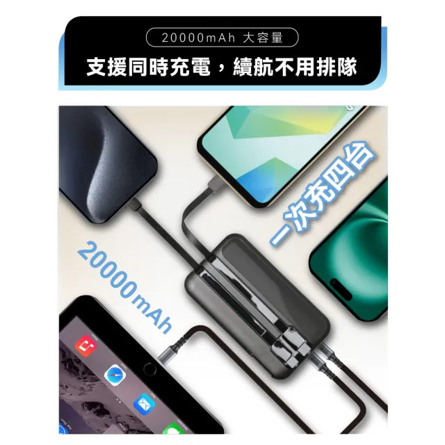 【WONDER 旺德】多功能旅行插頭帶線快充行動電源20000mAh 黑(WA-P15BA 兩入組)