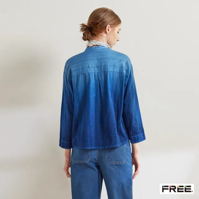 【FREE】free.藍染竹節棉立領長袖襯衫(暗藍)