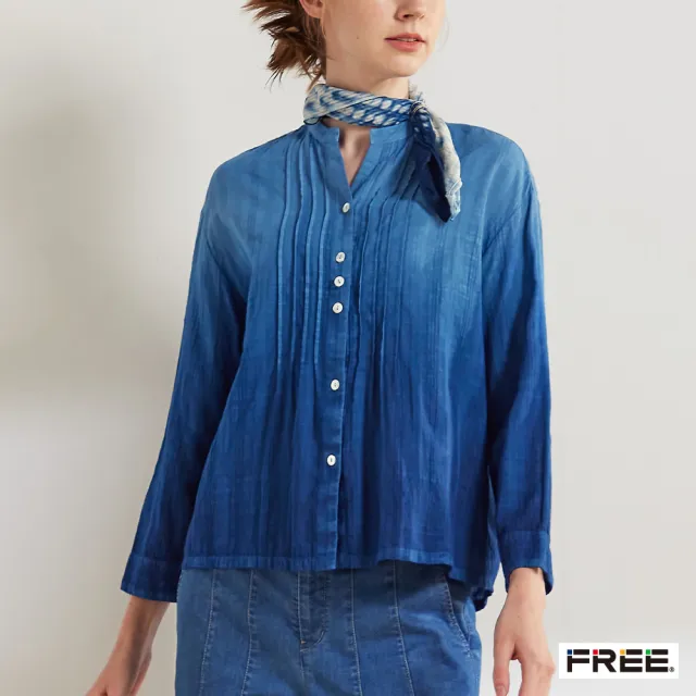 【FREE】free.藍染竹節棉立領長袖襯衫(暗藍)
