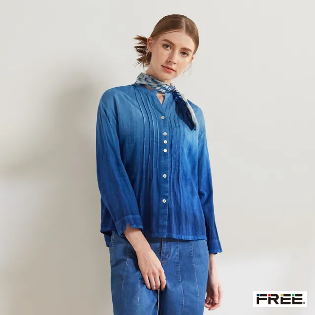 【FREE】free.藍染竹節棉立領長袖襯衫(暗藍)