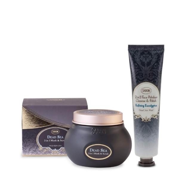 【SABON】官方直營 臉部拋光煥顏組(黑礦泥尤加利臉部磨砂膏60ml+三效死海泥面膜200ml)