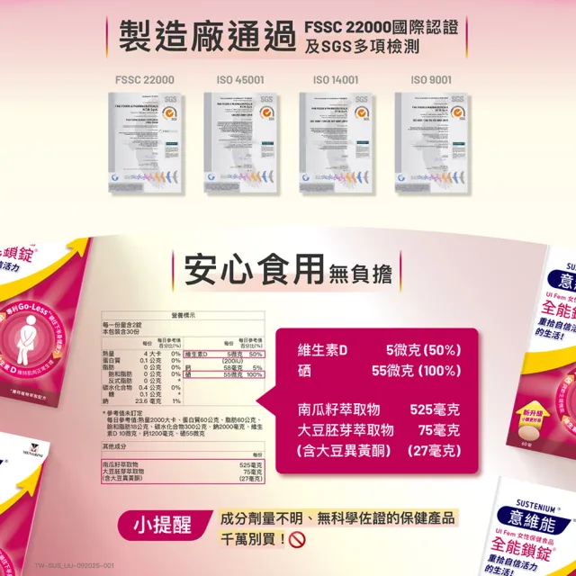 【Sustenium 意維能】全能鎖錠(60錠/盒x2-Go-Less/南瓜籽/大豆胚芽萃取)