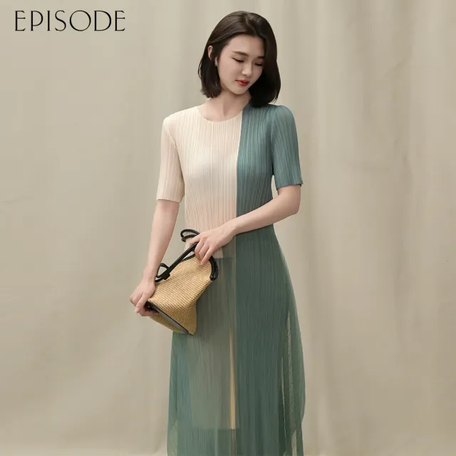 【EPISODE】氣質拼色皺褶寬鬆多層次短袖洋裝E54707（綠/黑）