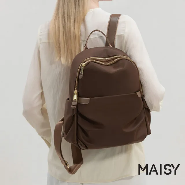 【MAISY】簡約時尚緞面防水牛津布後背包 書包 雙肩包(杏棕/杏灰/咖啡/百搭黑)