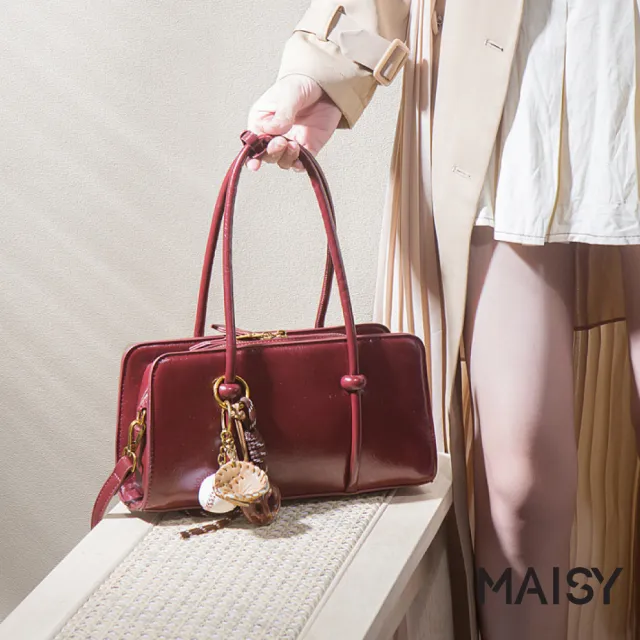【MAISY】個性復古時尚簡約軟皮托特包 斜跨包 單肩包(酒紅色)