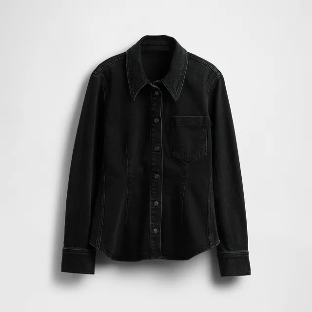 【GAP】女裝 翻領長袖牛仔襯衫-水洗黑(843563)