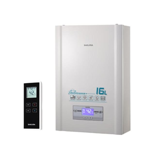  SAKURA櫻花牌 DH-1628 瓦斯熱水器，臺灣原產地製造，採用FE強制排氣式設計，確保安全排氣。具備數位恆溫功能，提供穩定熱水輸出，電子式自動點火操作簡便。熱水放出量達16L，冷熱水管口徑1/2吋，熱效率83.0%，能源效率第二級。尺寸345×156×543mm，重量20KG，電壓110V，適用天然氣及桶裝瓦斯。BSMI許可字號R51085，全機保固1年，是家用熱水器首選，安全高效，適合日常沐浴及廚房使用。 