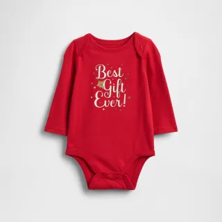 【GAP】嬰兒裝 小熊印花圓領長袖包屁衣-紅色(845625)