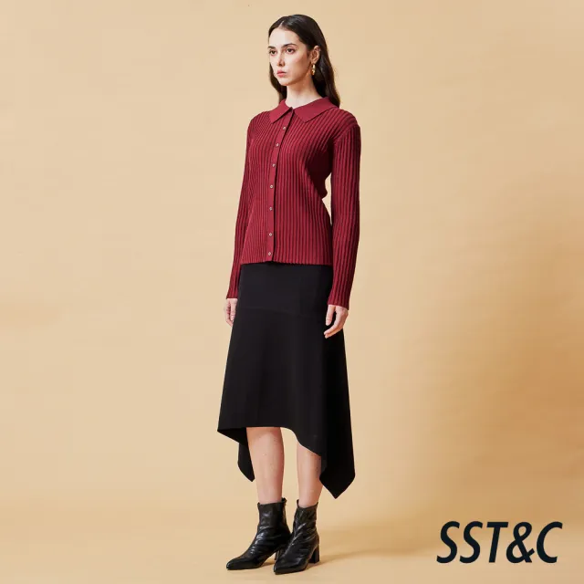 【SST&C】女裝 豎紋羊絨開襟針織衫－酒紅-825212173013(換季55折)